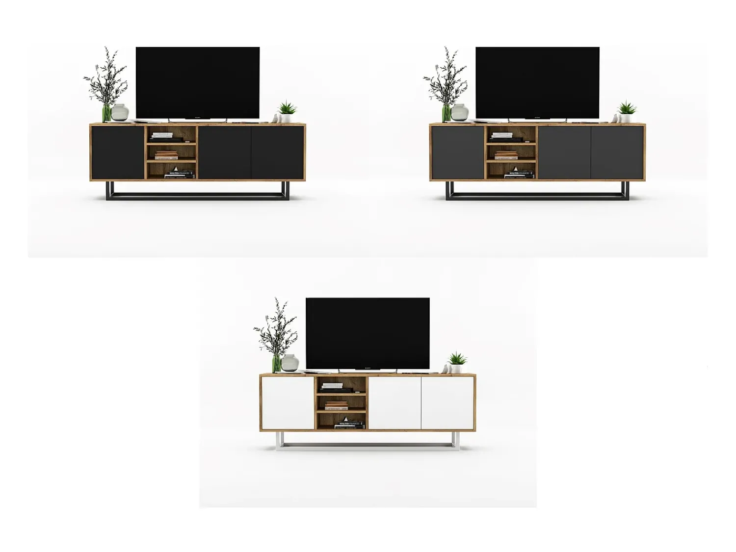 Best Móvel de TV com 3 portas e 1 nicho - corpo carvalho wotan frentes mate - 150 cm, estrutura metálica Branco