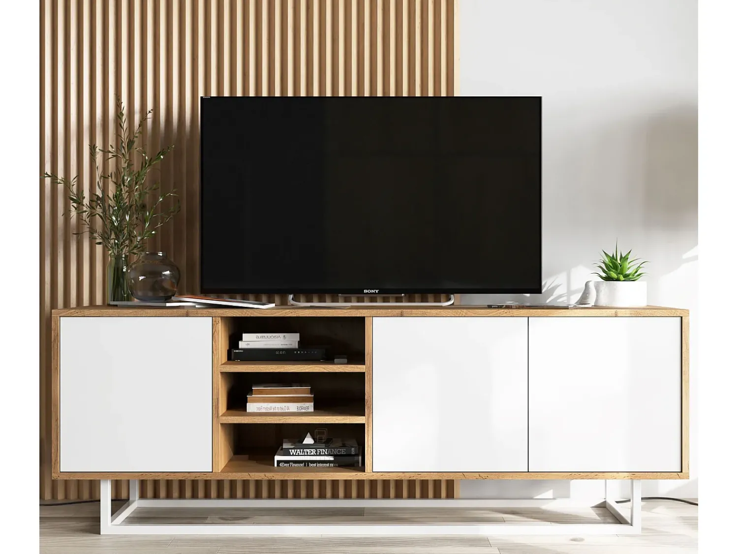 Best Móvel de TV com 3 portas e 1 nicho - corpo carvalho wotan frentes mate - 150 cm, estrutura metálica Branco