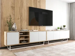 Best Móvel de TV com 3 portas e 1 nicho - corpo carvalho wotan frentes mate - 150 cm, estrutura metálica Branco