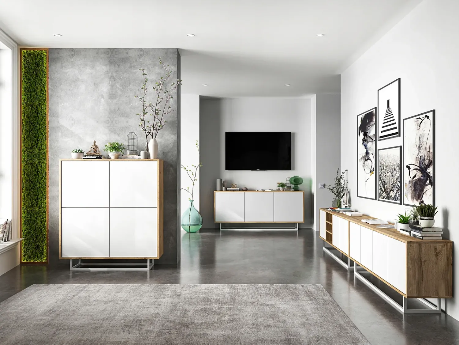 Best Móvel de TV com 3 portas e 1 nicho - corpo carvalho wotan frentes mate - 150 cm, estrutura metálica Branco