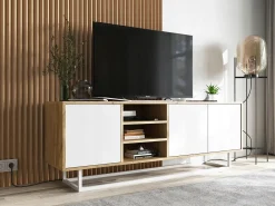 Best Móvel de TV com 3 portas e 1 nicho - corpo carvalho wotan frentes mate - 150 cm, estrutura metálica Branco