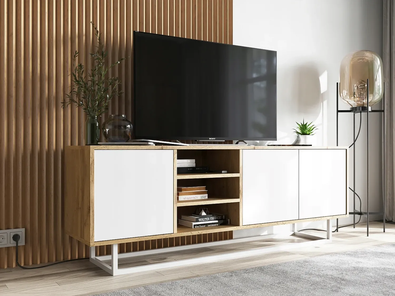 Best Móvel de TV com 3 portas e 1 nicho - corpo carvalho wotan frentes mate - 150 cm, estrutura metálica Branco