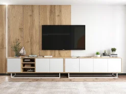 Best Móvel de TV com 3 portas e 1 nicho - corpo carvalho wotan frentes mate - 150 cm, estrutura metálica Branco