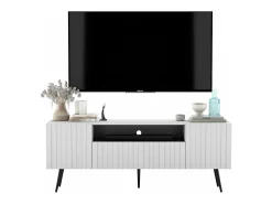 Móvel De Tv* Móvel de TV com 3 portas e nicho – Estrutura mate, frentes ranhuradas mate – 150 cm, pés pretos Branco