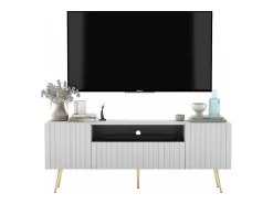 Móvel De Tv* Móvel de TV com 3 portas e nicho – Estrutura mate, frentes ranhuradas mate – 150 cm, pés pretos Branco