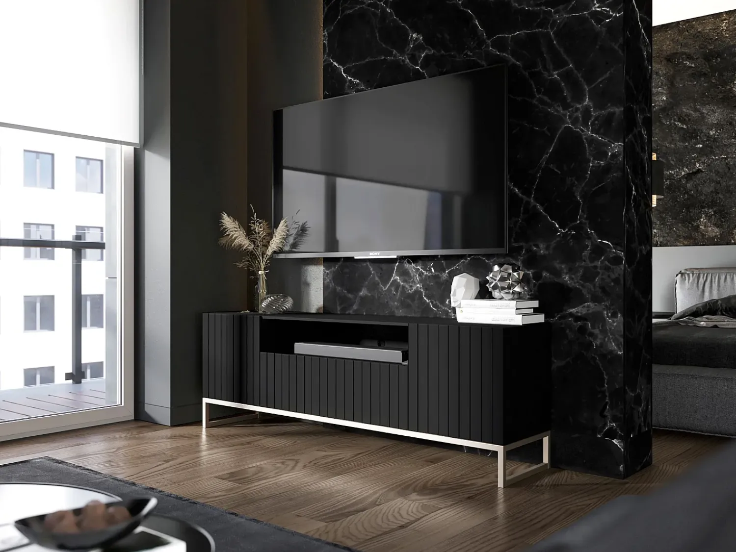 Móvel De Tv| Móvel de TV com 3 portas e nicho - Estrutura mate, frentes ranhuradas mate - 150 cm, estrutura metálica Preto