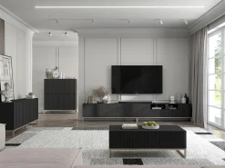 Móvel De Tv| Móvel de TV com 3 portas e nicho - Estrutura mate, frentes ranhuradas mate - 150 cm, estrutura metálica Preto