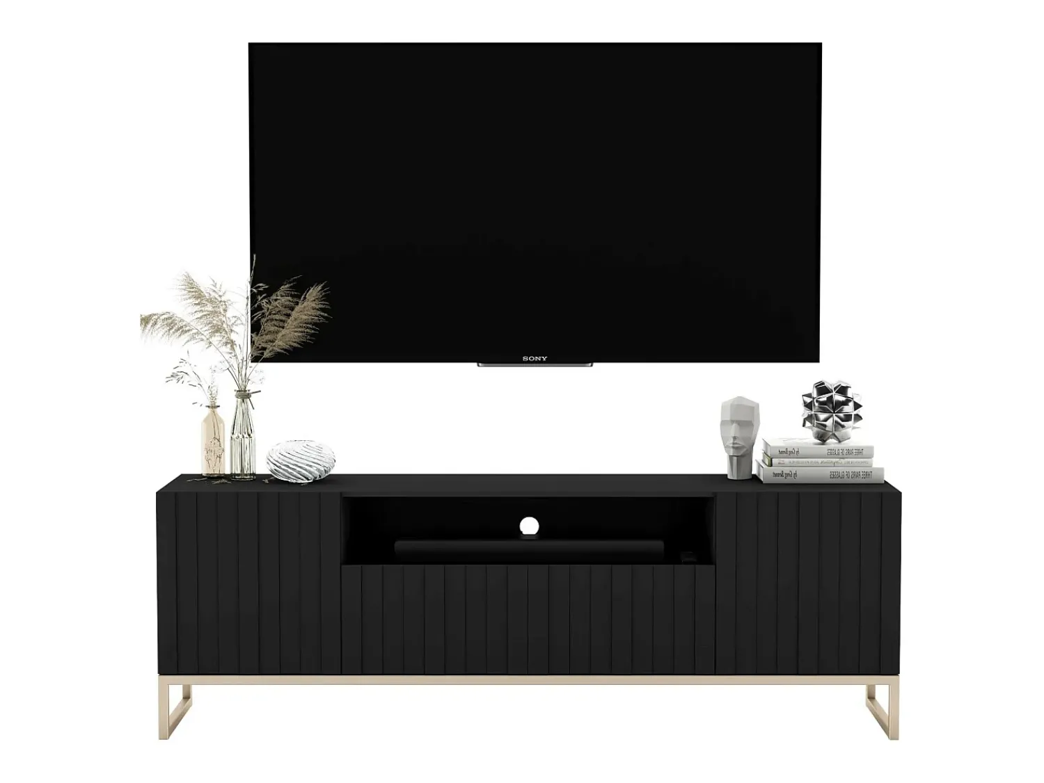 Móvel De Tv| Móvel de TV com 3 portas e nicho - Estrutura mate, frentes ranhuradas mate - 150 cm, estrutura metálica Preto