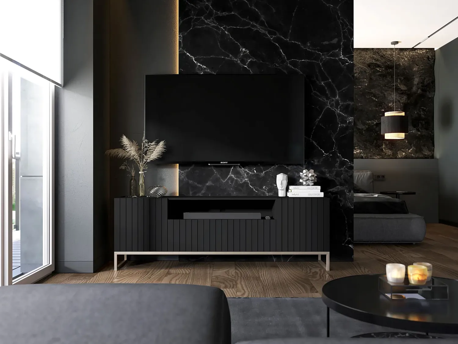 Móvel De Tv| Móvel de TV com 3 portas e nicho - Estrutura mate, frentes ranhuradas mate - 150 cm, estrutura metálica Preto