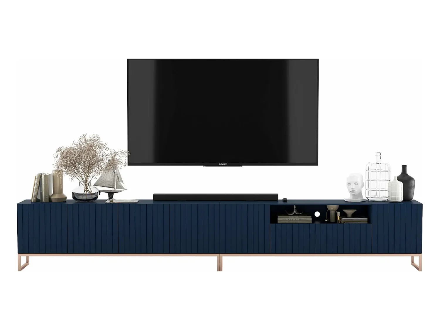 Móvel De Tv| Móvel de TV com 7 portas e nicho – corpo -marinho fosco, frentes caneladas -marinho fosco – 300 cm, estrutura metálica Azul