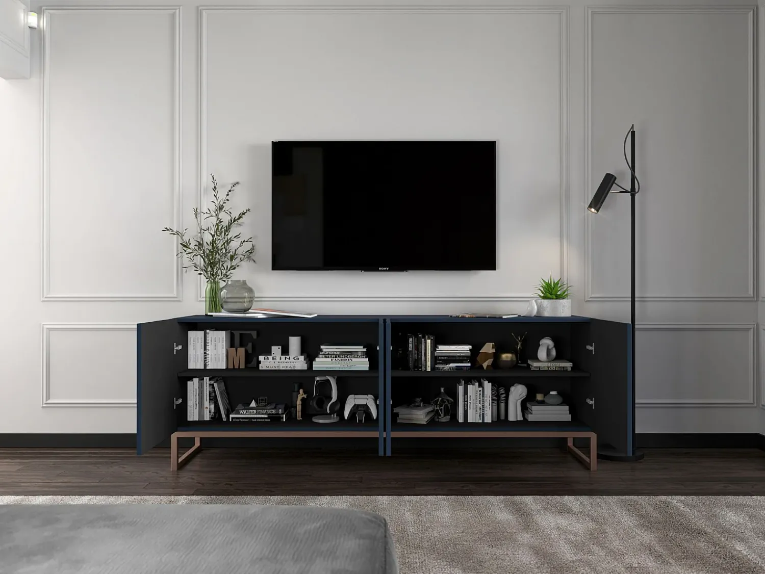 Móvel De Tv| Móvel de TV com 7 portas e nicho – corpo -marinho fosco, frentes caneladas -marinho fosco – 300 cm, estrutura metálica Azul