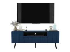 Móvel De Tv| Móvel de TV com 3 portas e nicho – Estrutura -marinho mate, frentes ranhuradas -marinho mate – 150 cm, pés dourados Azul
