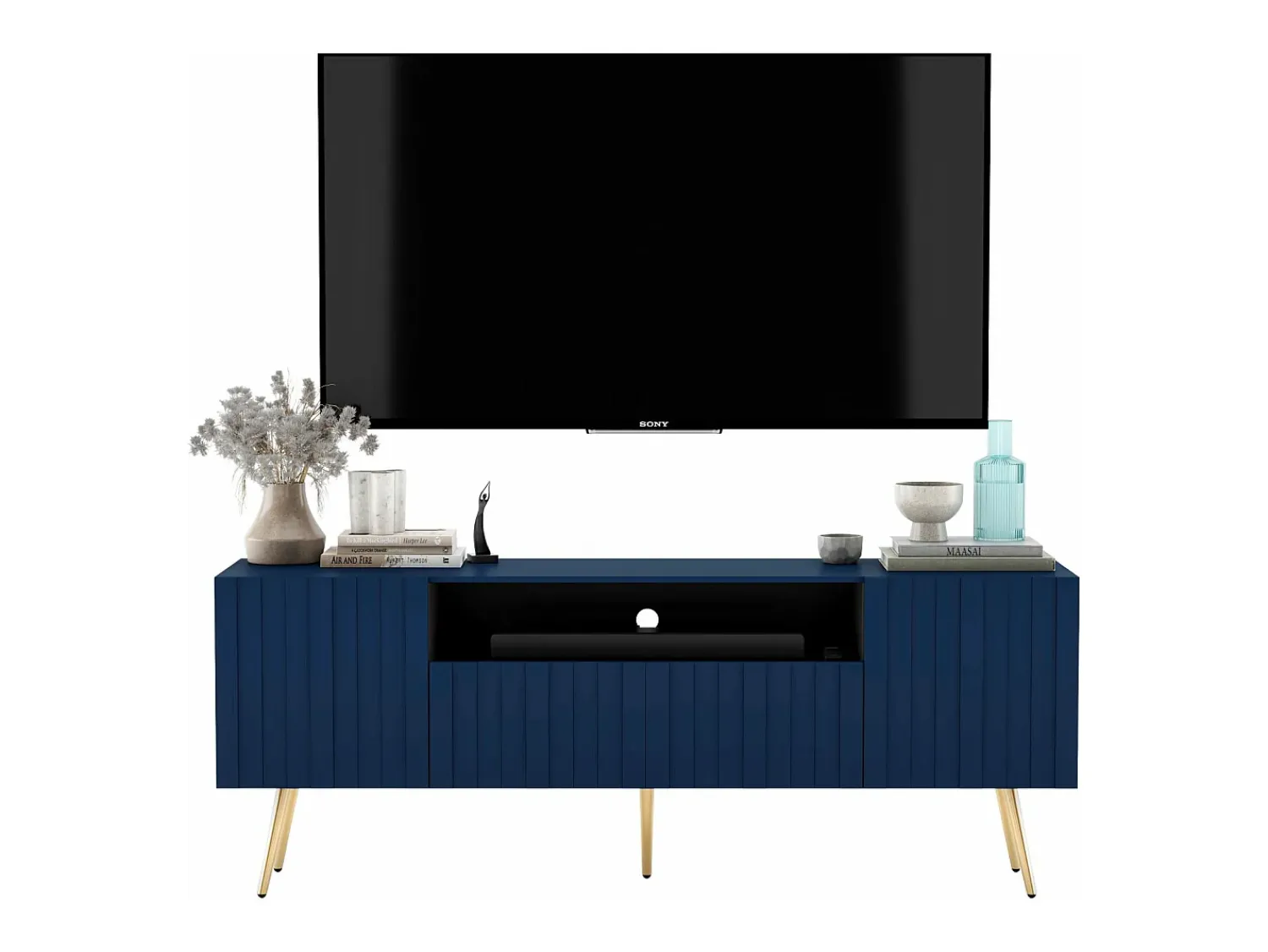 Móvel De Tv| Móvel de TV com 3 portas e nicho – Estrutura -marinho mate, frentes ranhuradas -marinho mate – 150 cm, pés dourados Azul