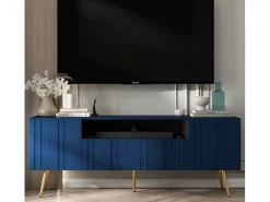Móvel De Tv| Móvel de TV com 3 portas e nicho – Estrutura -marinho mate, frentes ranhuradas -marinho mate – 150 cm, pés dourados Azul