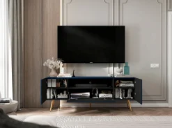 Móvel De Tv| Móvel de TV com 3 portas e nicho – Estrutura -marinho mate, frentes ranhuradas -marinho mate – 150 cm, pés dourados Azul