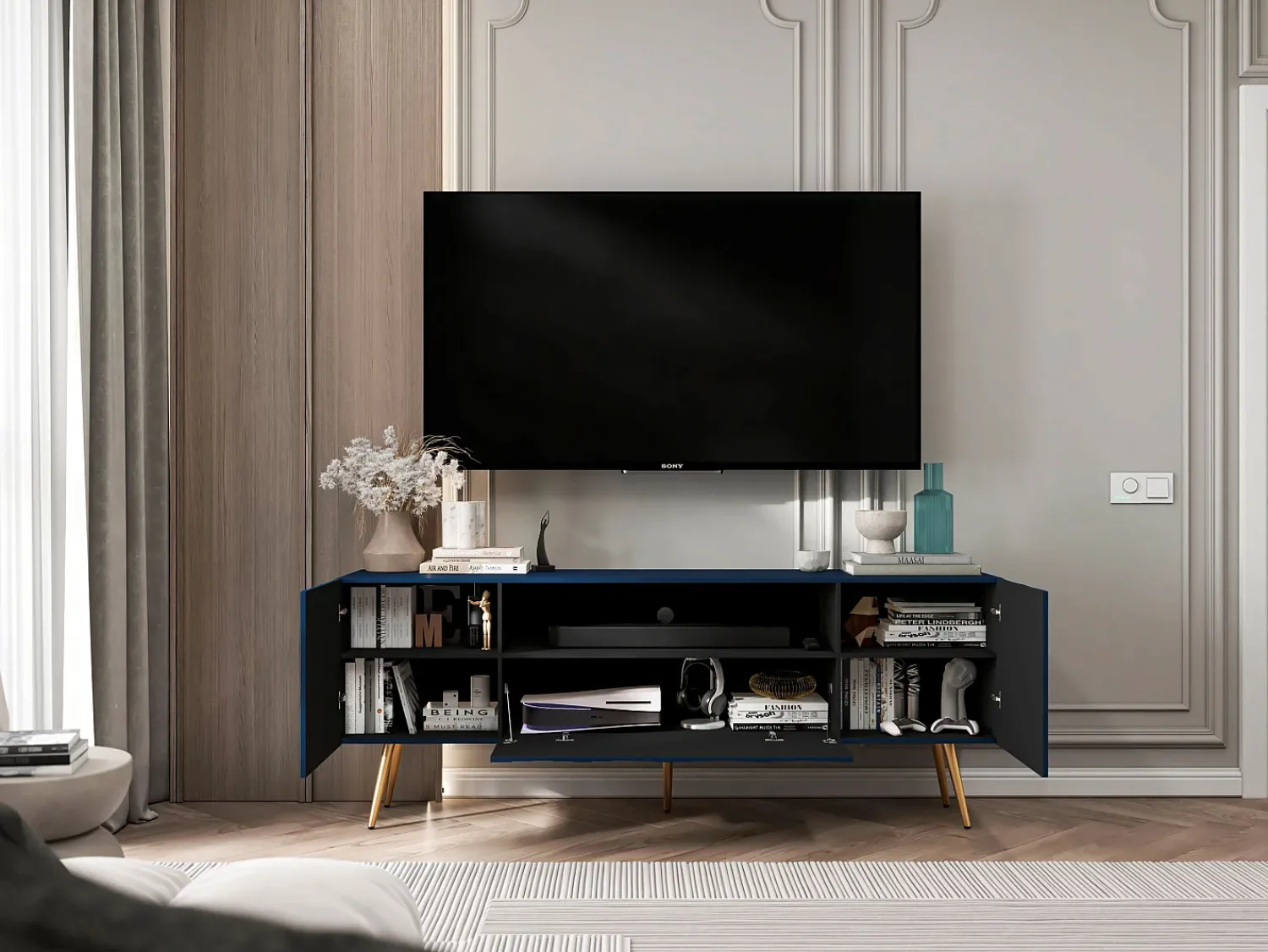 Móvel De Tv| Móvel de TV com 3 portas e nicho – Estrutura -marinho mate, frentes ranhuradas -marinho mate – 150 cm, pés dourados Azul