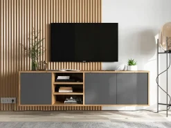 Móvel De Tv* Móvel de TV com 3 portas e 1 nicho - Corpo carvalho Wotan, frentes grafite mate - 150 cm Cinzento