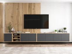 Móvel De Tv* Móvel de TV com 3 portas e 1 nicho - Corpo carvalho Wotan, frentes grafite mate - 150 cm Cinzento