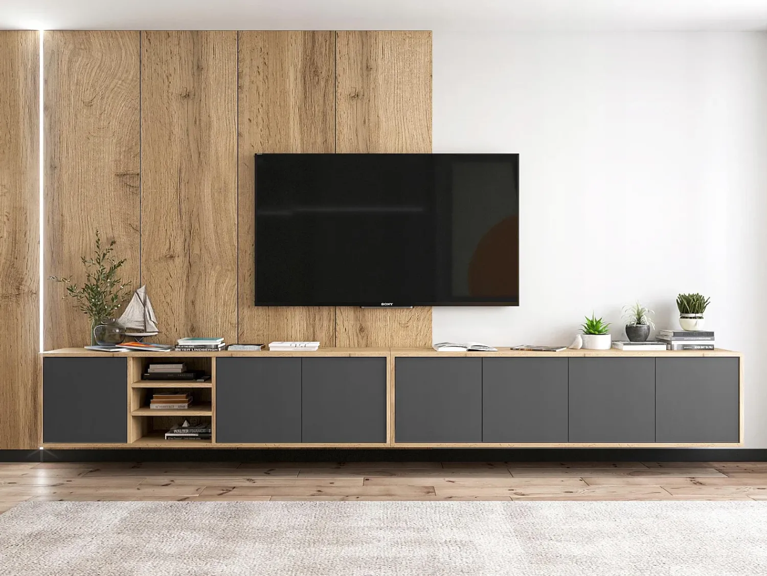 Móvel De Tv* Móvel de TV com 3 portas e 1 nicho - Corpo carvalho Wotan, frentes grafite mate - 150 cm Cinzento