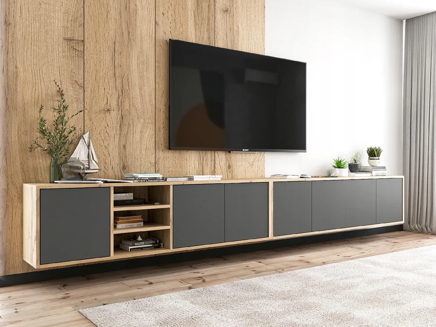Móvel De Tv* Móvel de TV com 3 portas e 1 nicho - Corpo carvalho Wotan, frentes grafite mate - 150 cm Cinzento