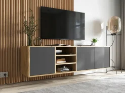 Móvel De Tv* Móvel de TV com 3 portas e 1 nicho - Corpo carvalho Wotan, frentes grafite mate - 150 cm Cinzento