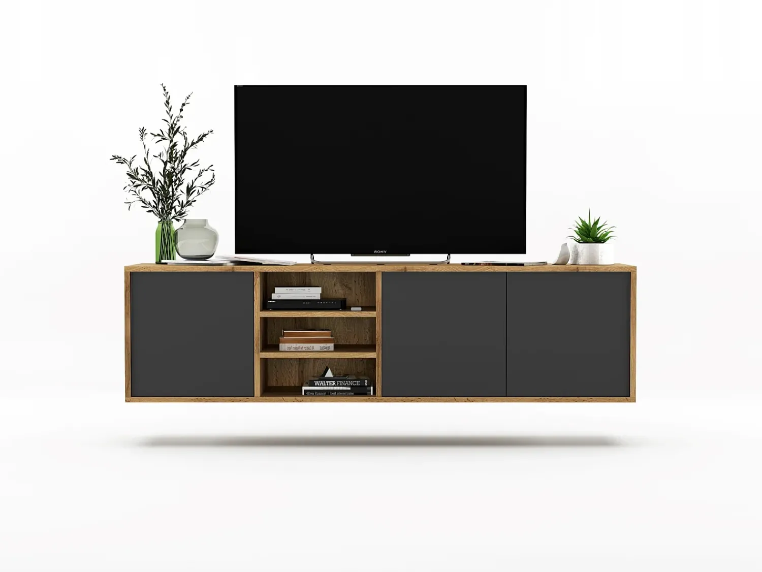 Móvel De Tv* Móvel de TV com 3 portas e 1 nicho - Corpo carvalho Wotan, frentes grafite mate - 150 cm Cinzento