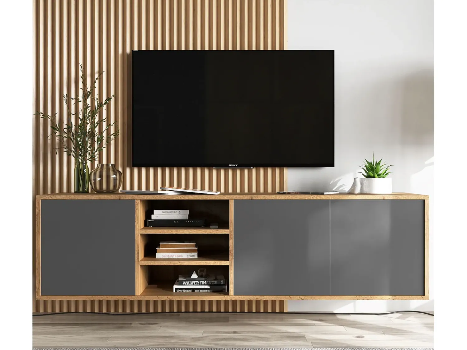 Móvel De Tv* Móvel de TV com 3 portas e 1 nicho - Corpo carvalho Wotan, frentes grafite mate - 150 cm Cinzento
