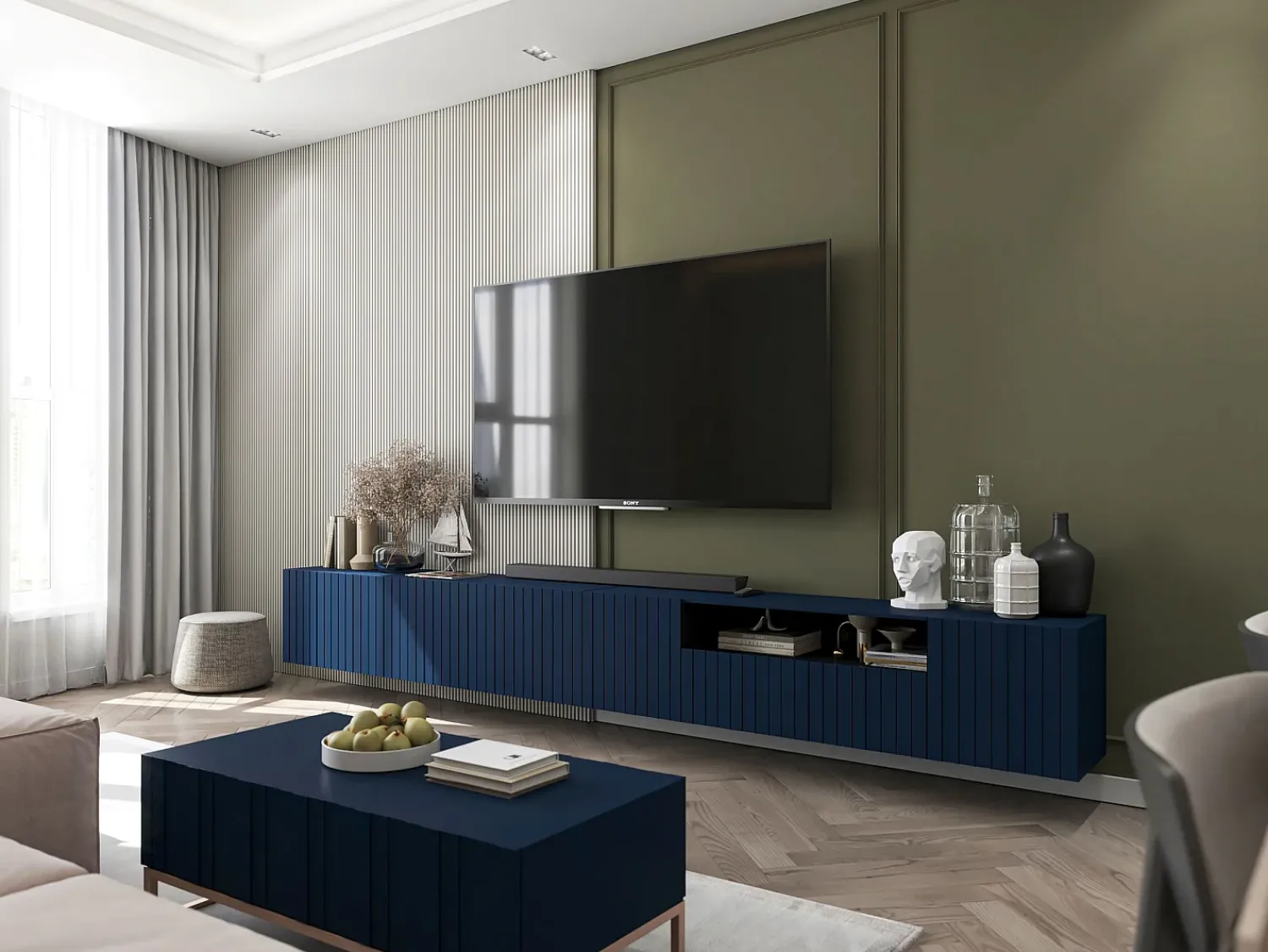 Móvel De Tv* Móvel de TV com 3 portas e nicho - Corpo -marinho mate, frentes frisadas -marinho mate - 150 cm Azul