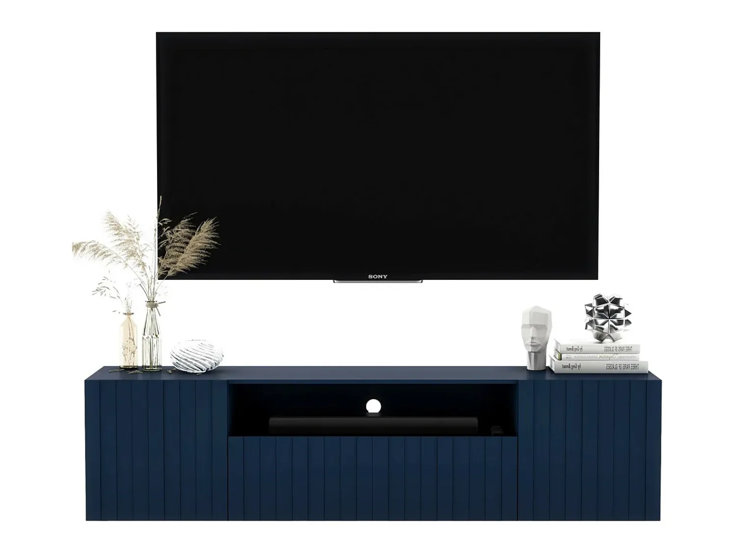 Móvel De Tv* Móvel de TV com 3 portas e nicho - Corpo -marinho mate, frentes frisadas -marinho mate - 150 cm Azul