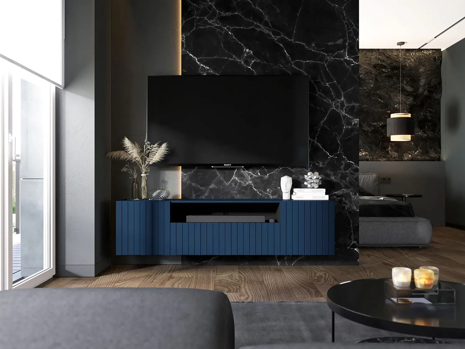 Móvel De Tv* Móvel de TV com 3 portas e nicho - Corpo -marinho mate, frentes frisadas -marinho mate - 150 cm Azul