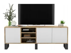 Móvel De Tv| Móvel de TV com 3 portas e 1 nicho - corpo carvalho wotan frentes mate - 150 cm, pés de metal Branco