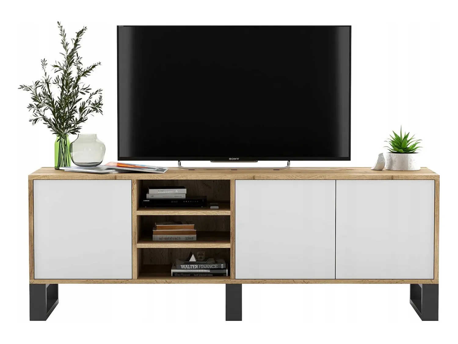 Móvel De Tv| Móvel de TV com 3 portas e 1 nicho - corpo carvalho wotan frentes mate - 150 cm, pés de metal Branco