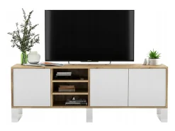 Móvel De Tv| Móvel de TV com 3 portas e 1 nicho - corpo carvalho wotan frentes mate - 150 cm, pés de metal Branco
