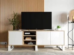Móvel De Tv| Móvel de TV com 3 portas e 1 nicho - corpo carvalho wotan frentes mate - 150 cm, pés de metal Branco