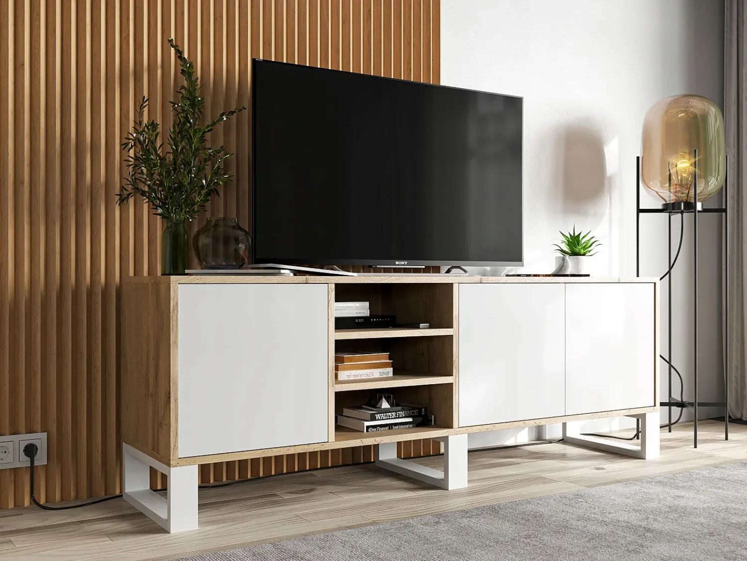 Móvel De Tv| Móvel de TV com 3 portas e 1 nicho - corpo carvalho wotan frentes mate - 150 cm, pés de metal Branco