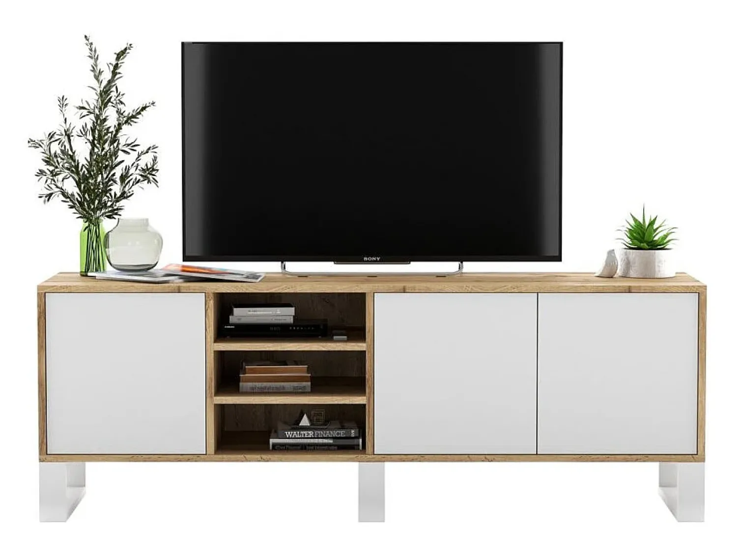 Móvel De Tv| Móvel de TV com 3 portas e 1 nicho - corpo carvalho wotan frentes mate - 150 cm, pés de metal Branco