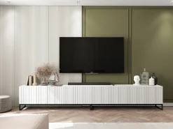 Outlet Móvel de TV com 3 portas e nicho – Corpo fosco, frentes caneladas fosco – 150 cm, estrutura metálica preta Branco