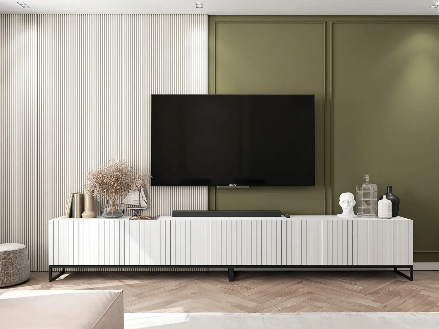 Outlet Móvel de TV com 3 portas e nicho – Corpo fosco, frentes caneladas fosco – 150 cm, estrutura metálica preta Branco