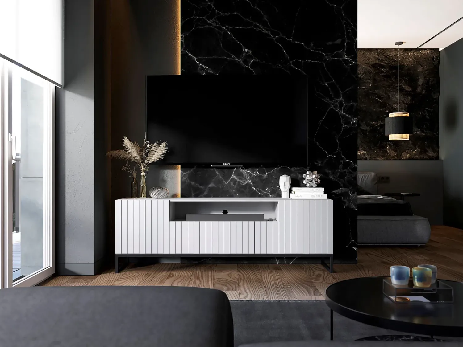 Outlet Móvel de TV com 3 portas e nicho – Corpo fosco, frentes caneladas fosco – 150 cm, estrutura metálica preta Branco