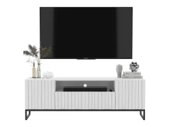 Outlet Móvel de TV com 3 portas e nicho – Corpo fosco, frentes caneladas fosco – 150 cm, estrutura metálica preta Branco