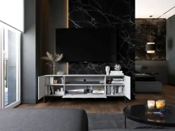 Outlet Móvel de TV com 3 portas e nicho – Corpo fosco, frentes caneladas fosco – 150 cm, estrutura metálica preta Branco