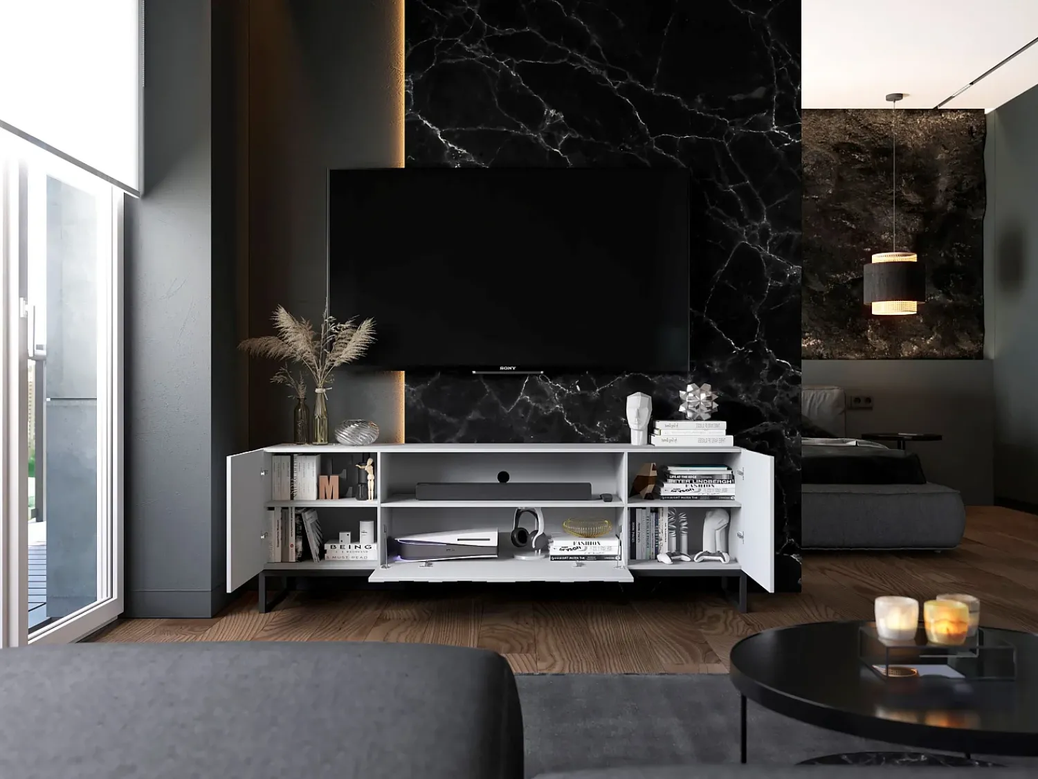 Outlet Móvel de TV com 3 portas e nicho – Corpo fosco, frentes caneladas fosco – 150 cm, estrutura metálica preta Branco