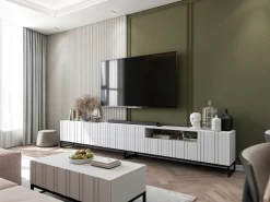 Outlet Móvel de TV com 3 portas e nicho – Corpo fosco, frentes caneladas fosco – 150 cm, estrutura metálica preta Branco