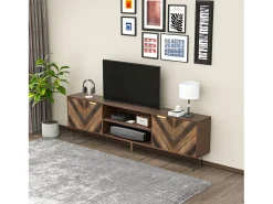 Clearance Merax Móvel de TV com 2 portas e 2 nichos - Aglomerado de madeira - Pernas de ferro - cor natural Natural claro