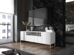 New Móvel de TV com 3 portas e nicho - Estrutura mate, frentes ranhuradas mate - 150 cm, estrutura em metal Branco