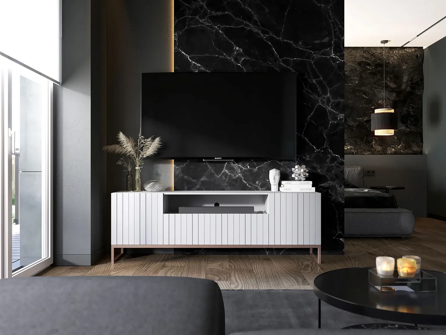 New Móvel de TV com 3 portas e nicho - Estrutura mate, frentes ranhuradas mate - 150 cm, estrutura em metal Branco