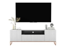 New Móvel de TV com 3 portas e nicho - Estrutura mate, frentes ranhuradas mate - 150 cm, estrutura em metal Branco