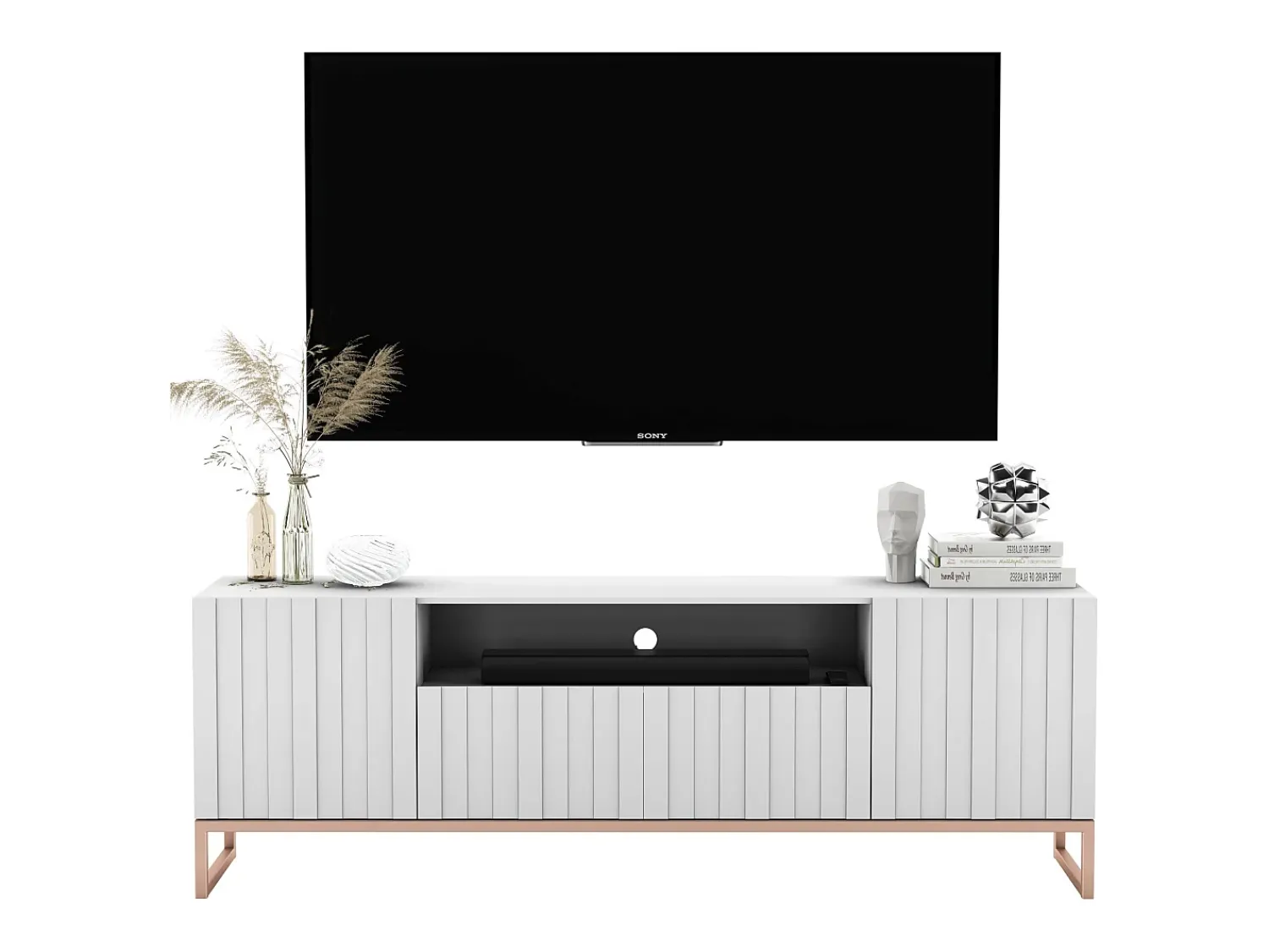New Móvel de TV com 3 portas e nicho - Estrutura mate, frentes ranhuradas mate - 150 cm, estrutura em metal Branco