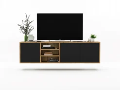 Móvel De Tv| Móvel de TV com 3 portas e 1 nicho - corpo carvalho wotan, frentes mate - 150 cm Preto