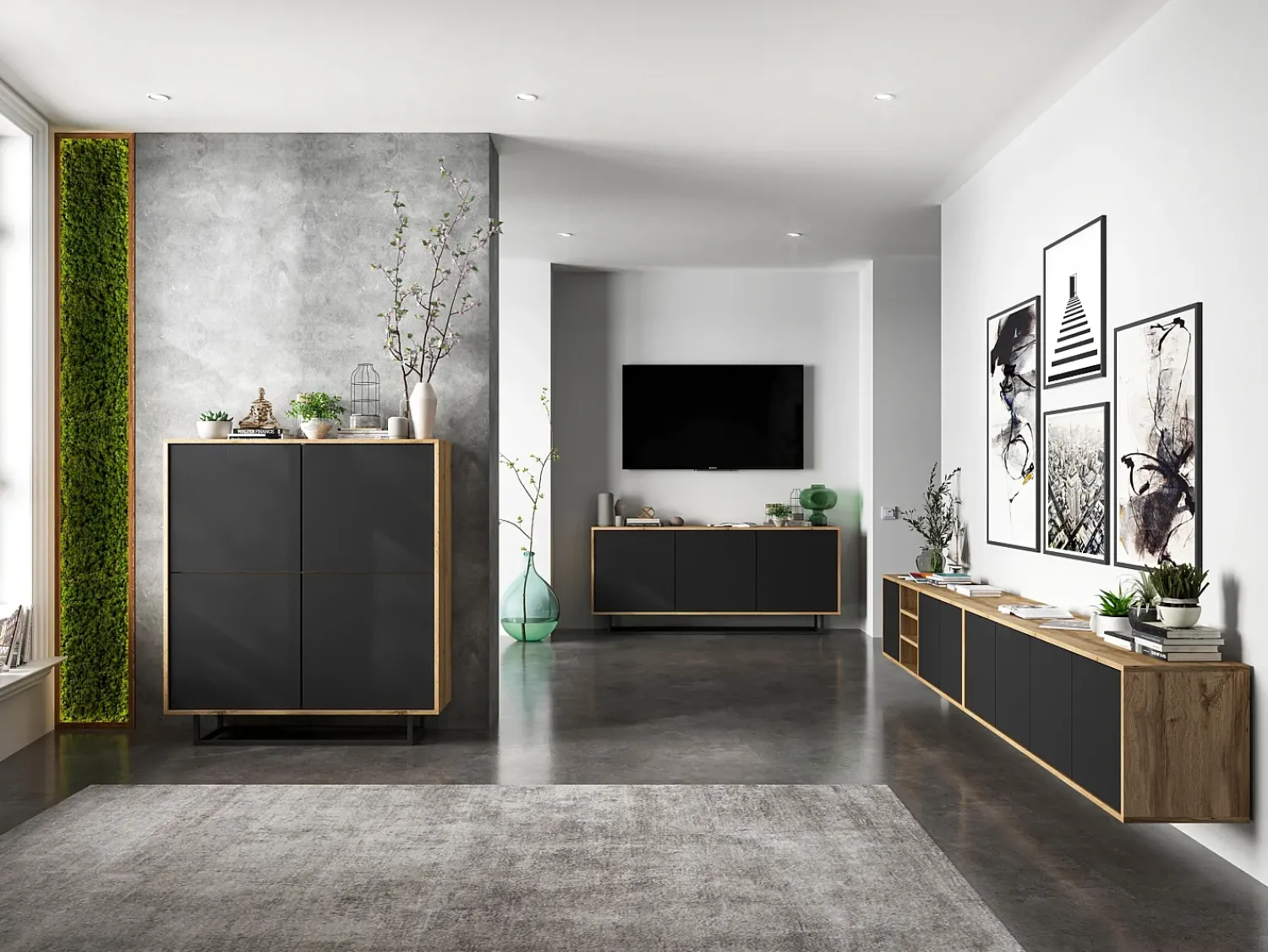 Móvel De Tv| Móvel de TV com 3 portas e 1 nicho - corpo carvalho wotan, frentes mate - 150 cm Preto